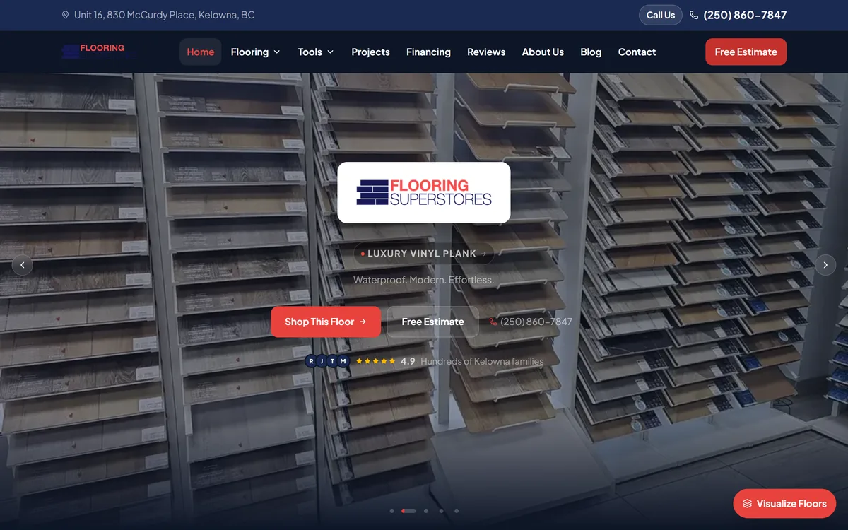 Kelowna Flooring Superstore website, hand-built by Elliot Digital