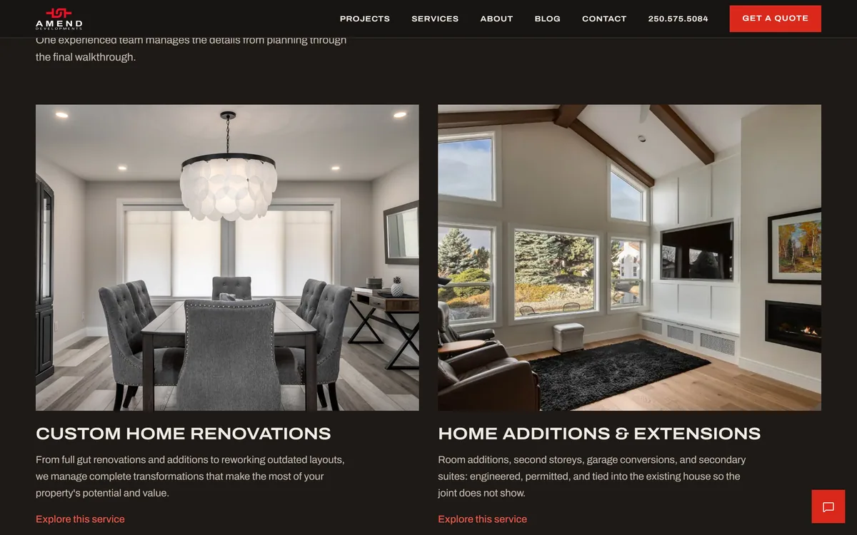 Amend Developments website, the four service cards built from photographs of real jobs