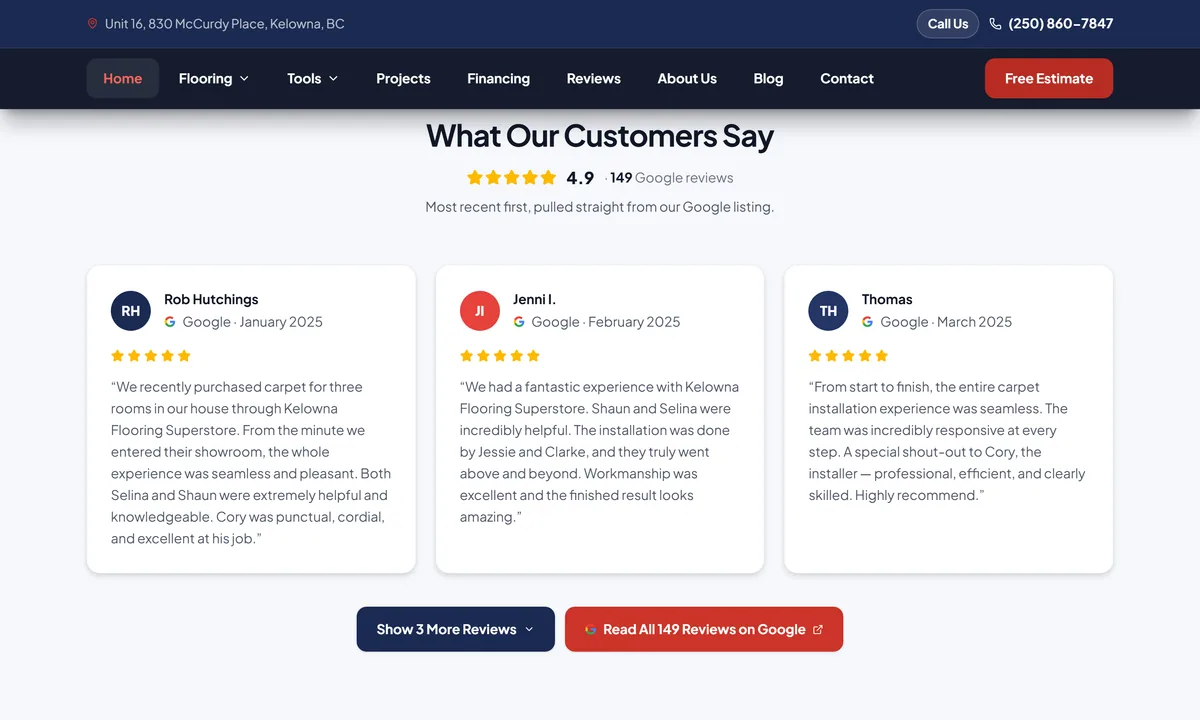 Kelowna Flooring Superstore website, the customer reviews section