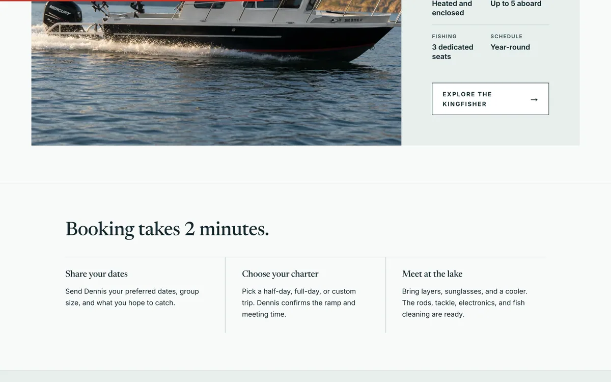 Outdoor Adventures BC website, the owner-operated section and the three-step booking flow