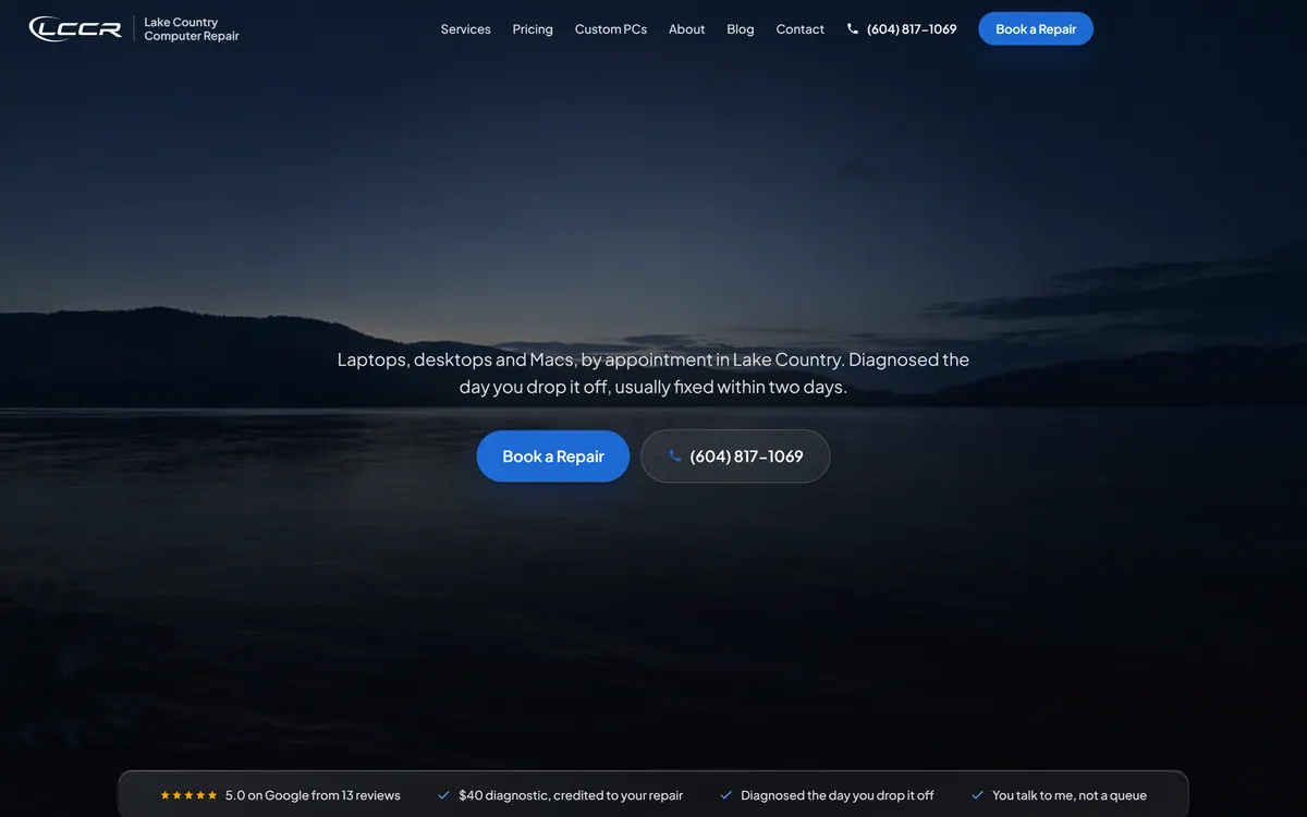 Lake Country Computer Repair website built by Elliot Digital, Lake Country BC